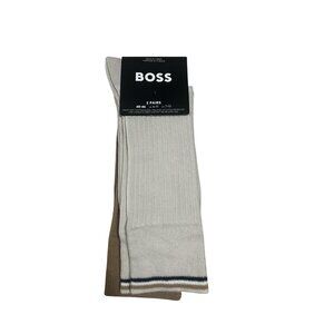 HUGO BOSS Ivory Brown Cotton Light Rib Crew Dress 2-Pack Socks Size 7-13 NEW